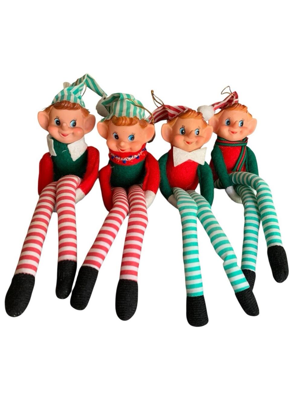 Lot Of 4 1950s 8"‎ Hanging Hugging Rubber Faced Holiday Christmas Pixie Elves